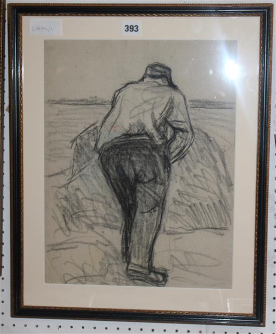 Charcoal Dutch drawing scene of peasant from the back